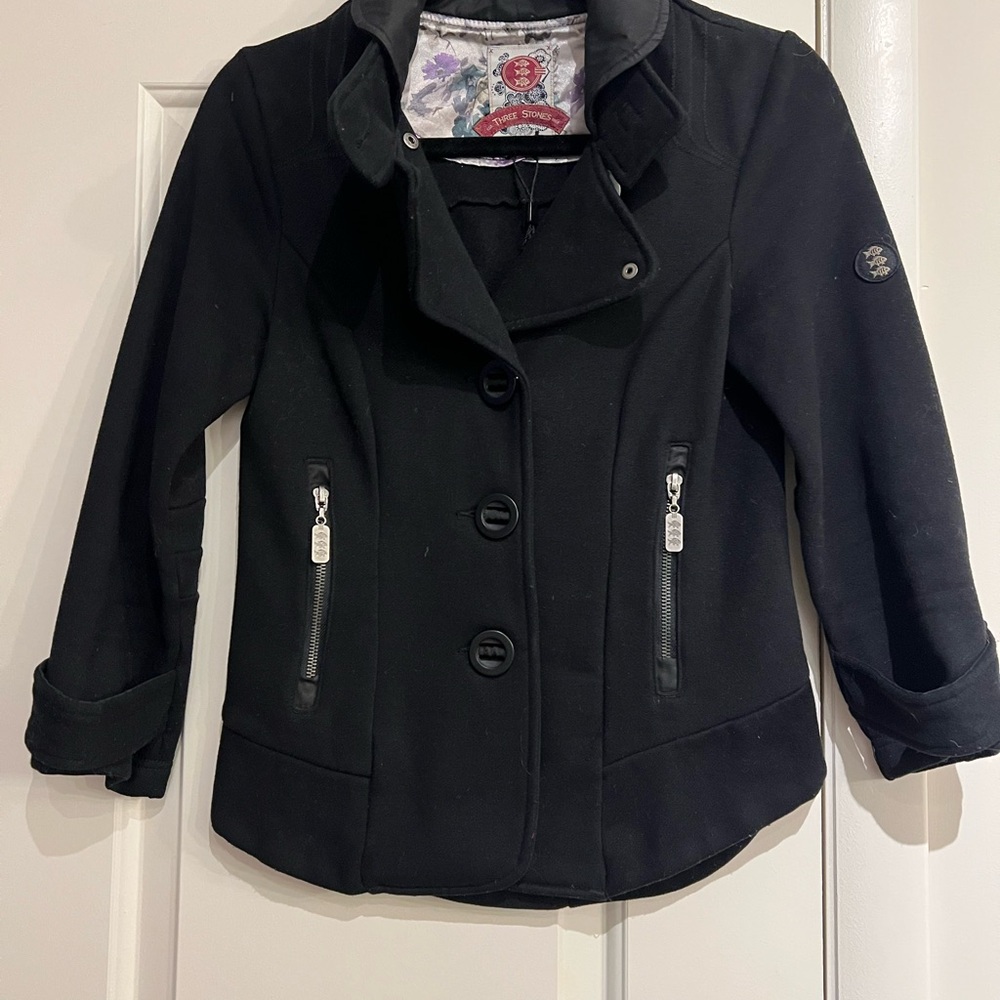 Black Wool-Blend Pea Coat with Structured Collar